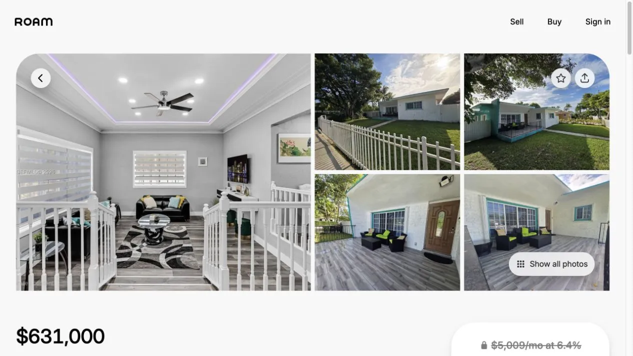 A Roam home listing with its photo gallery, address, and price