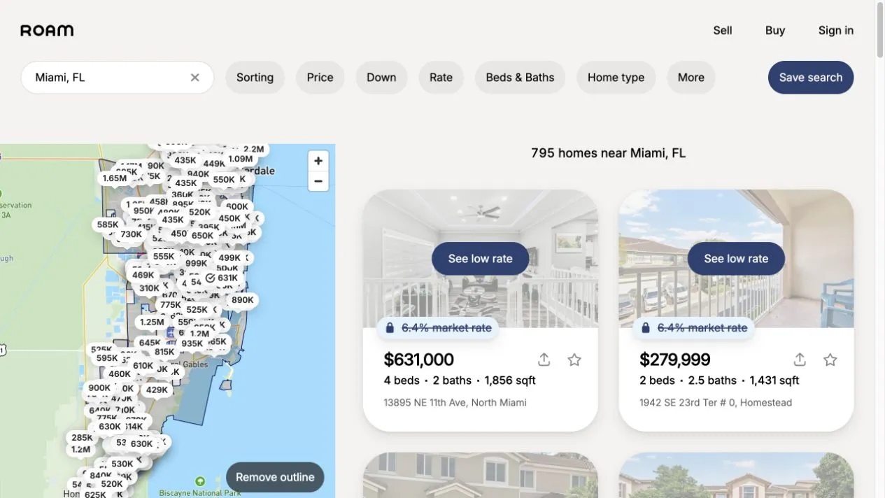 Roam's public home search with a map, buyer filters, and listing cards